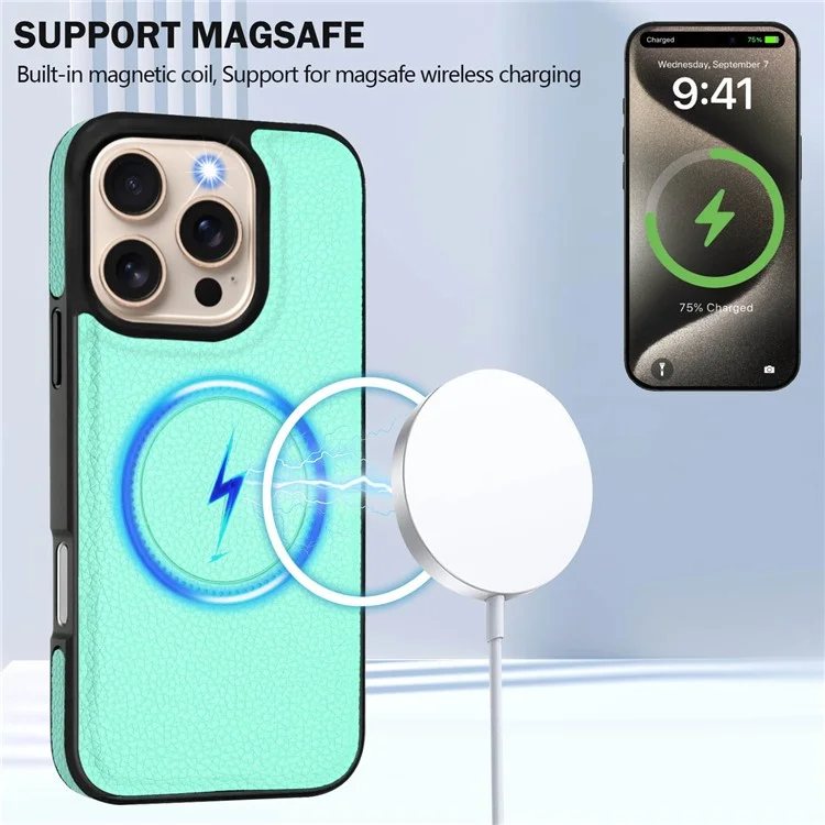 Für iPhone 16 Pro Max Magnetische Hülle TPU + PU Leder Handyrückseite mit abnehmbarem Kartenhalter - Mintgrün