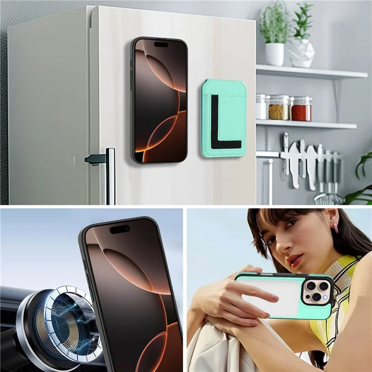 Für iPhone 16 Pro Max Magnetische Hülle TPU + PU Leder Handyrückseite mit abnehmbarem Kartenhalter - Mintgrün