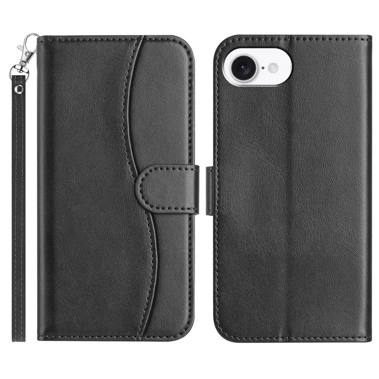 For iPhone 16e Stand Case with Strap PU Leather Wallet Phone Cover S Shape Stitching Design - Black