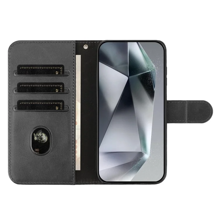 For iPhone 16e Stand Case with Strap PU Leather Wallet Phone Cover S Shape Stitching Design - Black