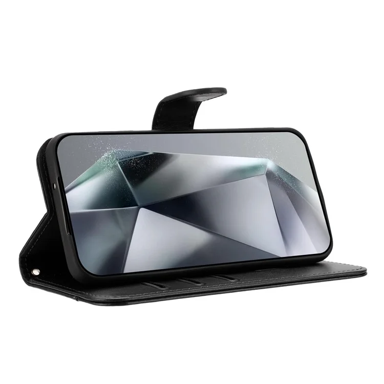 For iPhone 16e Stand Case with Strap PU Leather Wallet Phone Cover S Shape Stitching Design - Black