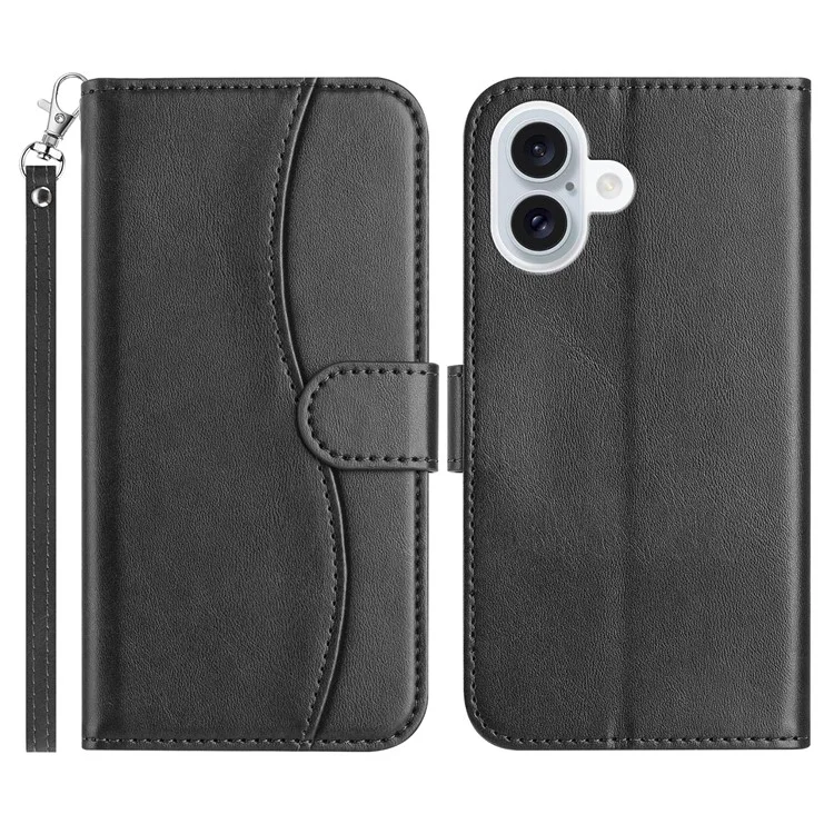 For iPhone 16 Stand Case with Strap PU Leather Wallet Phone Cover S Shape Stitching Design - Black
