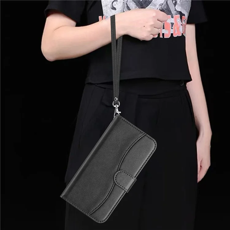 For iPhone 16 Stand Case with Strap PU Leather Wallet Phone Cover S Shape Stitching Design - Black