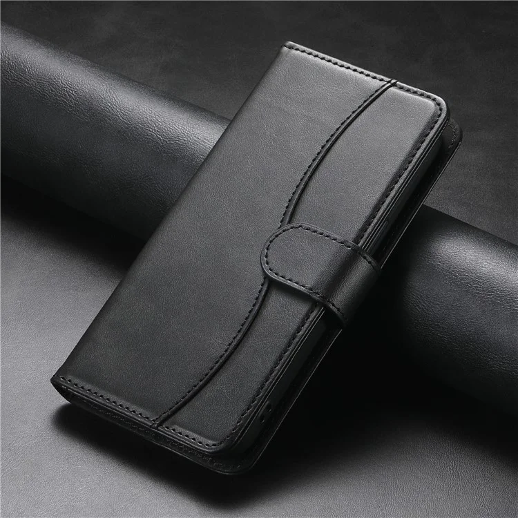 For iPhone 16 Stand Case with Strap PU Leather Wallet Phone Cover S Shape Stitching Design - Black