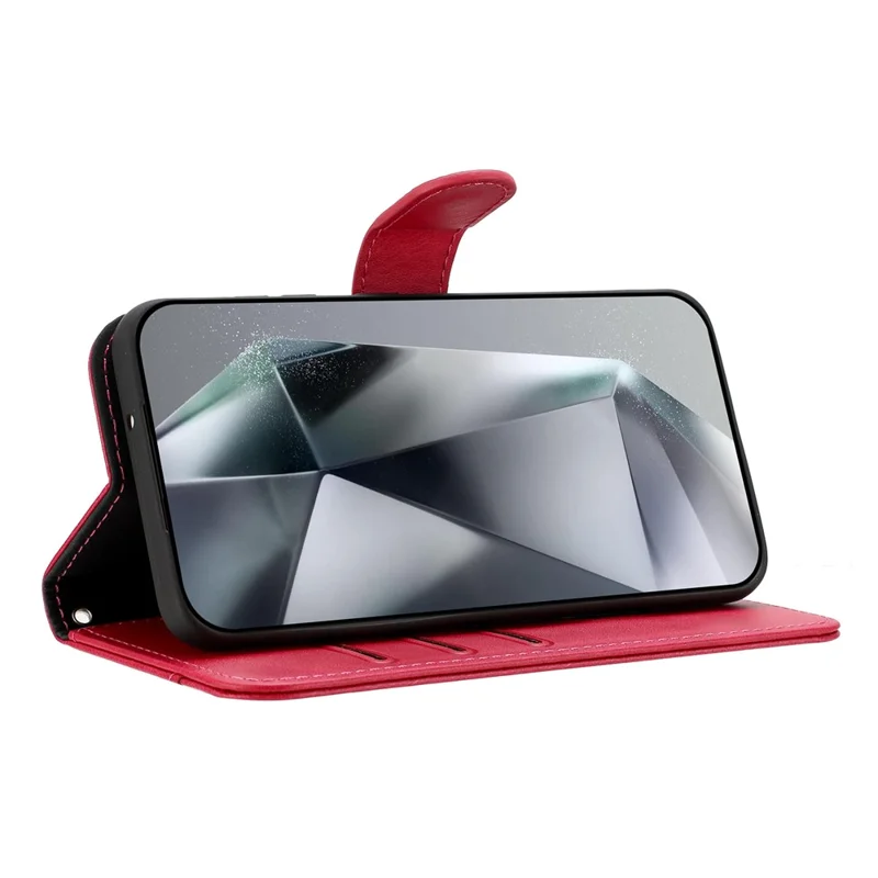 For iPhone 16 Stand Case with Strap PU Leather Wallet Phone Cover S Shape Stitching Design - Rose