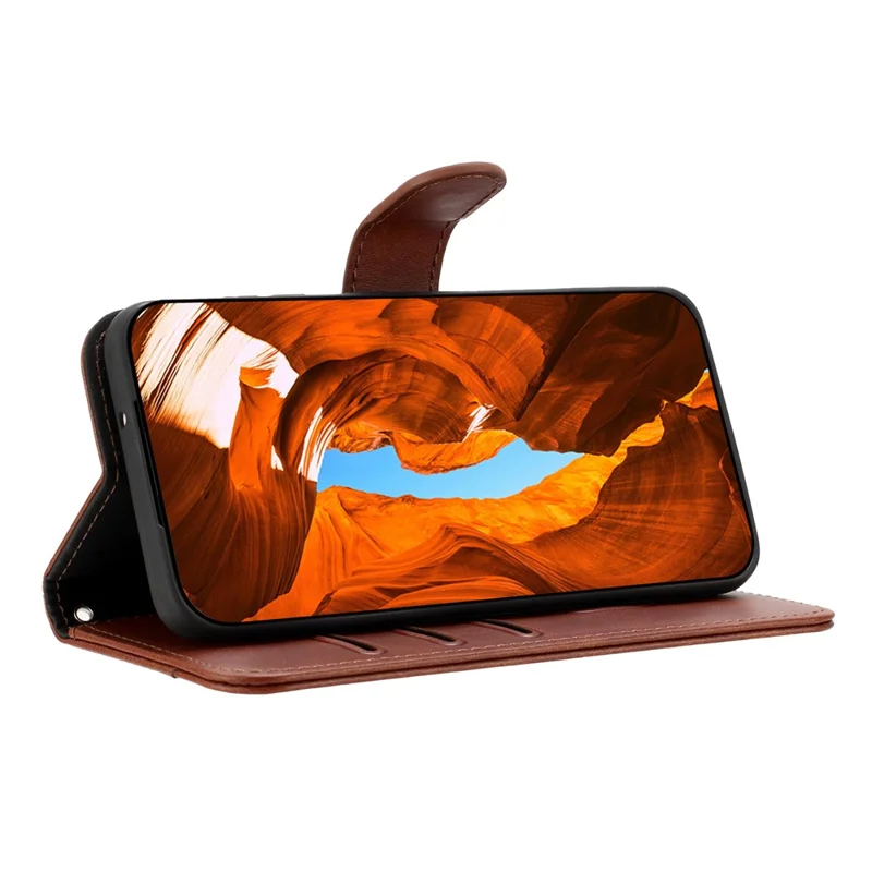 For iPhone 16 Pro Stand Case with Strap PU Leather Wallet Phone Cover S Shape Stitching Design - Coffee