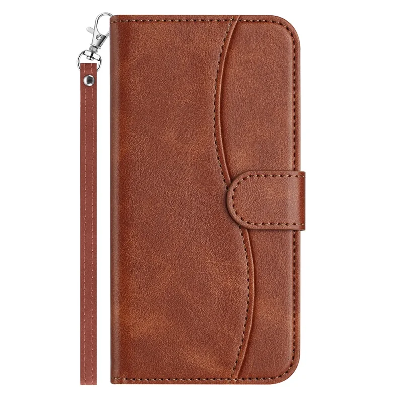 For iPhone 16 Pro Stand Case with Strap PU Leather Wallet Phone Cover S Shape Stitching Design - Coffee