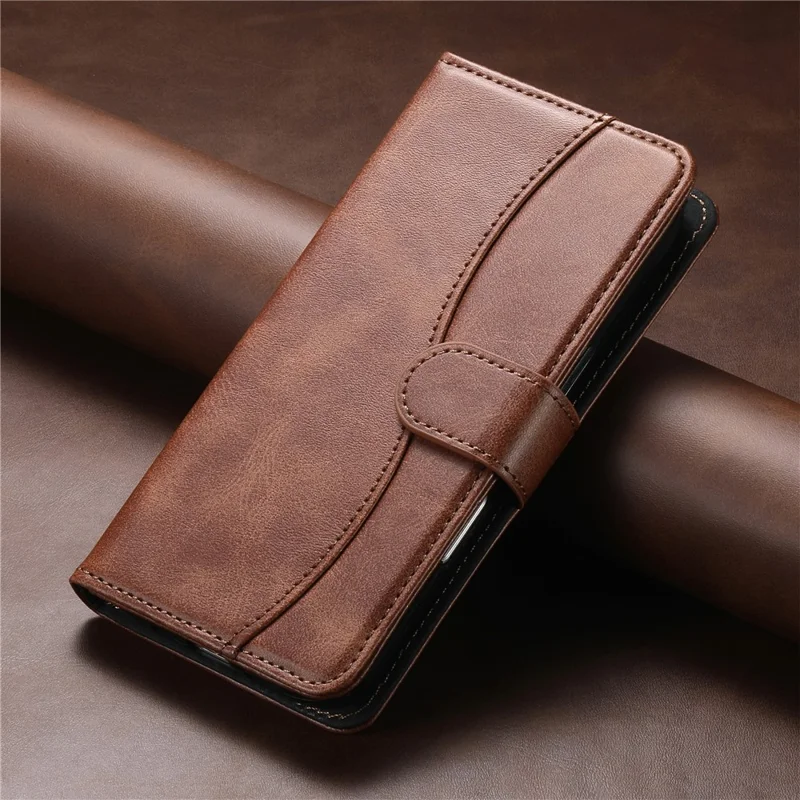 For iPhone 16 Pro Stand Case with Strap PU Leather Wallet Phone Cover S Shape Stitching Design - Coffee