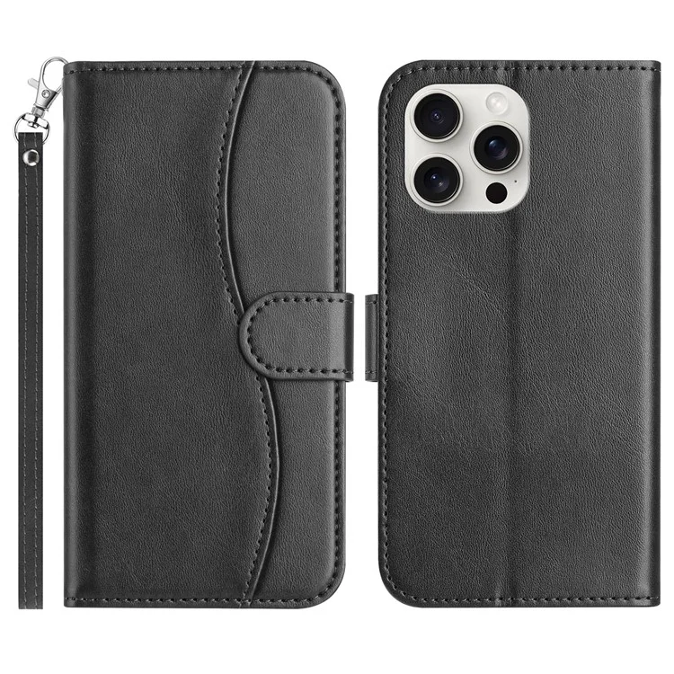 For iPhone 16 Pro Max Stand Case with Strap PU Leather Wallet Phone Cover S Shape Stitching Design - Black
