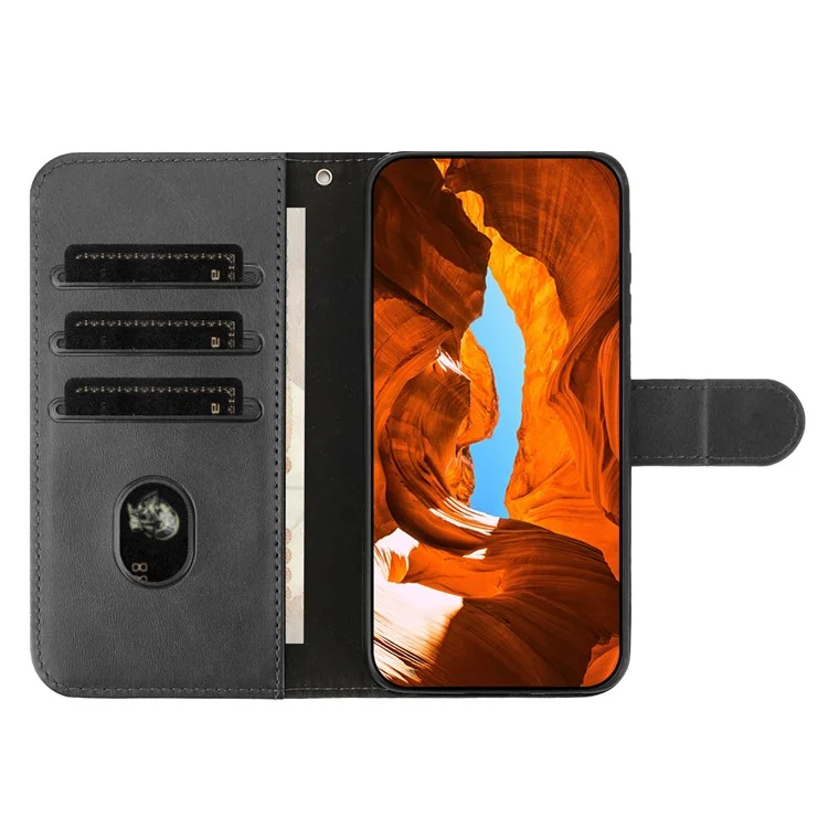 For iPhone 16 Pro Max Stand Case with Strap PU Leather Wallet Phone Cover S Shape Stitching Design - Black