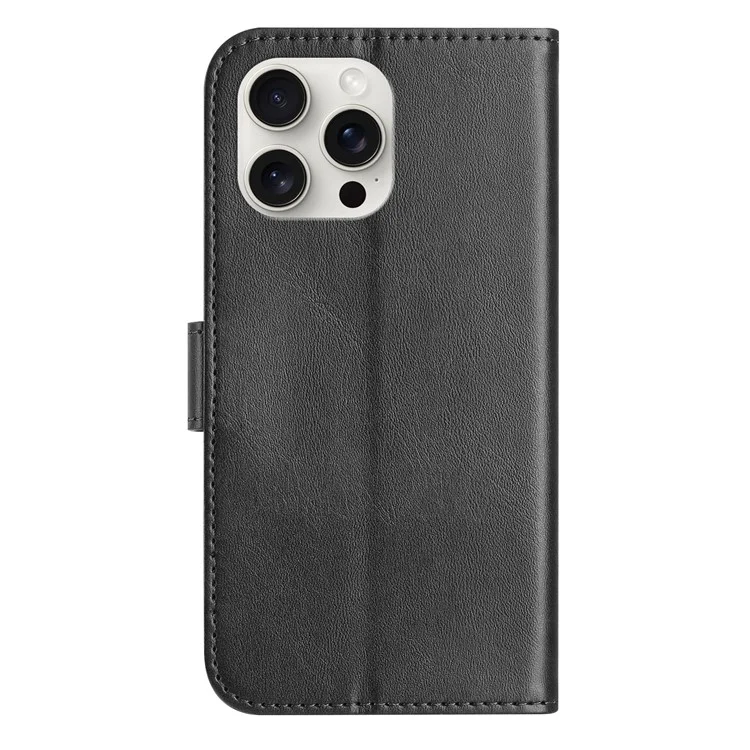 For iPhone 16 Pro Max Stand Case with Strap PU Leather Wallet Phone Cover S Shape Stitching Design - Black
