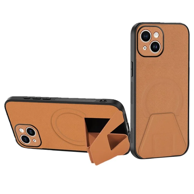 For iPhone 13 Case Compatible with MagSafe Kickstand PC + TPU + PU Phone Cover - Brown