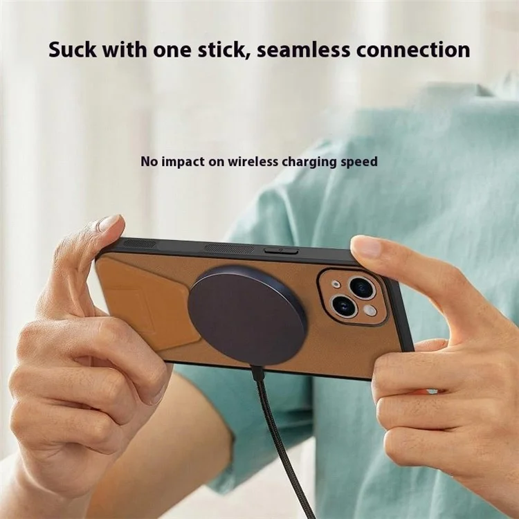 For iPhone 13 Case Compatible with MagSafe Kickstand PC + TPU + PU Phone Cover - Brown