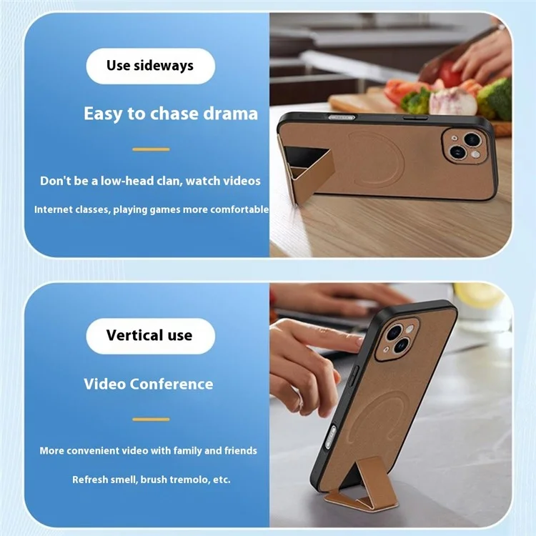 For iPhone 13 Case Compatible with MagSafe Kickstand PC + TPU + PU Phone Cover - Brown