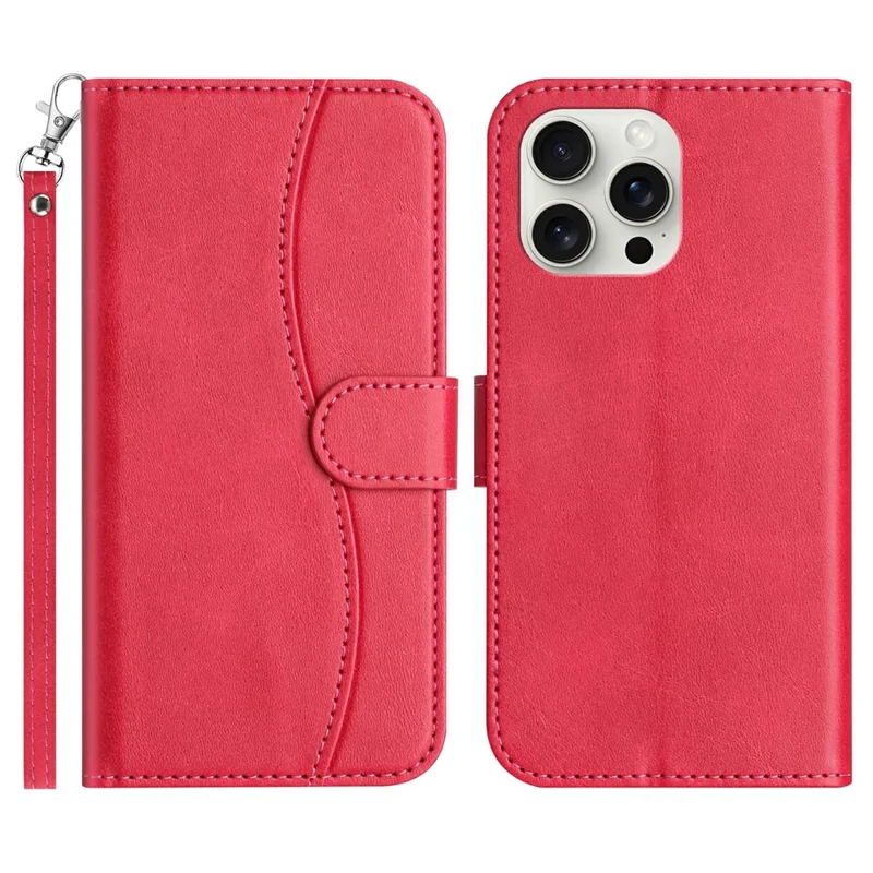 For iPhone 15 Pro Max Stand Case with Strap PU Leather Wallet Phone Cover S Shape Stitching Design - Rose