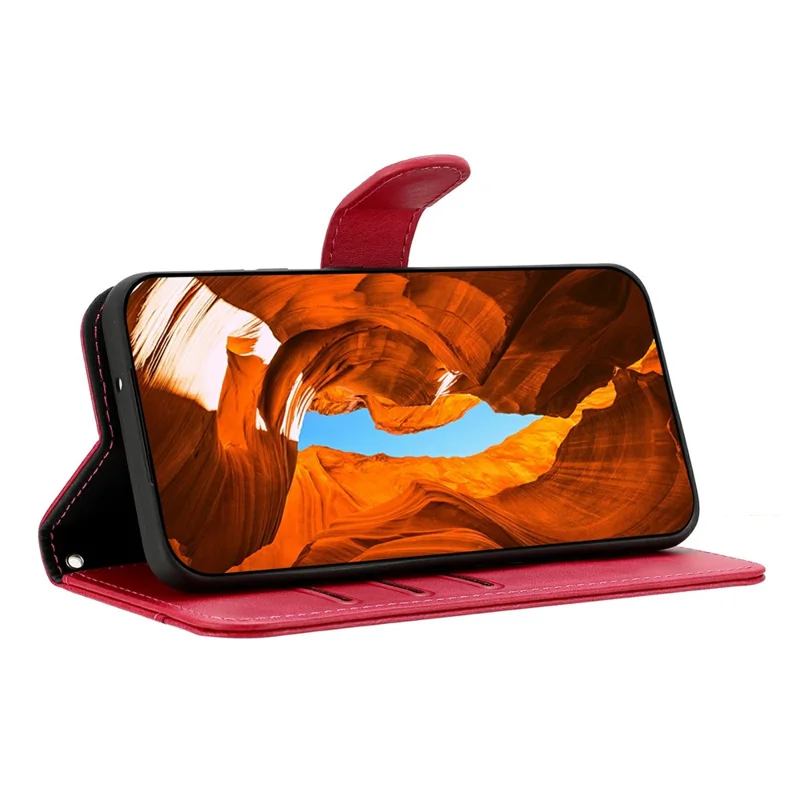 For iPhone 15 Pro Max Stand Case with Strap PU Leather Wallet Phone Cover S Shape Stitching Design - Rose