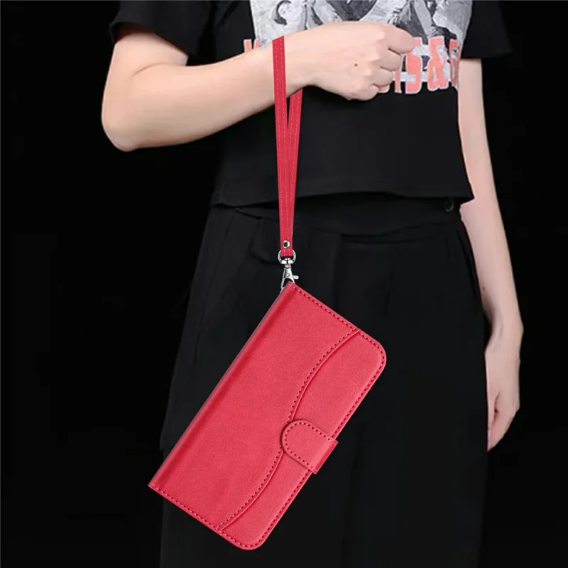 For iPhone 15 Pro Max Stand Case with Strap PU Leather Wallet Phone Cover S Shape Stitching Design - Rose