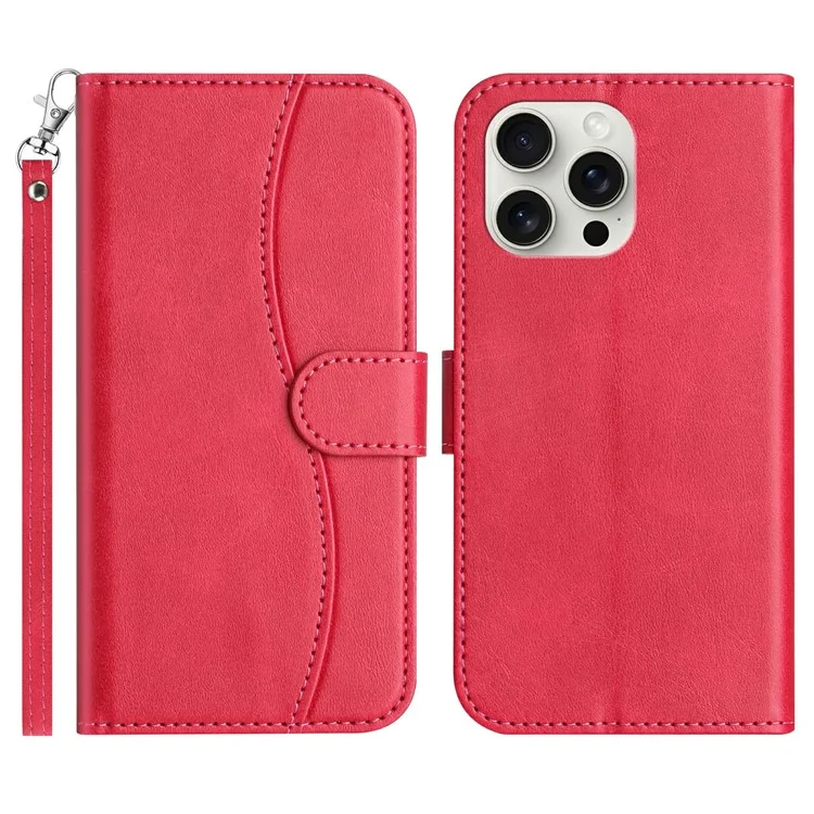For iPhone 15 Pro Stand Case with Strap PU Leather Wallet Phone Cover S Shape Stitching Design - Rose