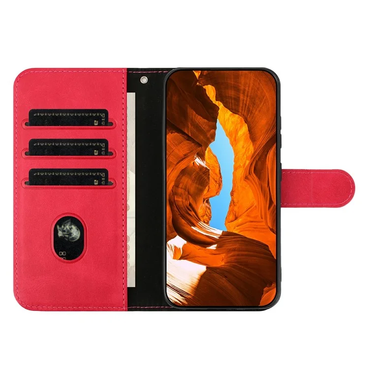 For iPhone 15 Pro Stand Case with Strap PU Leather Wallet Phone Cover S Shape Stitching Design - Rose