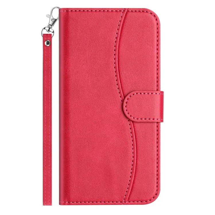 For iPhone 15 Pro Stand Case with Strap PU Leather Wallet Phone Cover S Shape Stitching Design - Rose