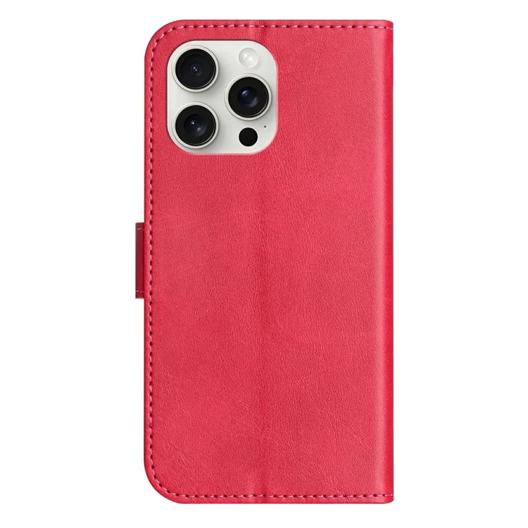 For iPhone 15 Pro Stand Case with Strap PU Leather Wallet Phone Cover S Shape Stitching Design - Rose