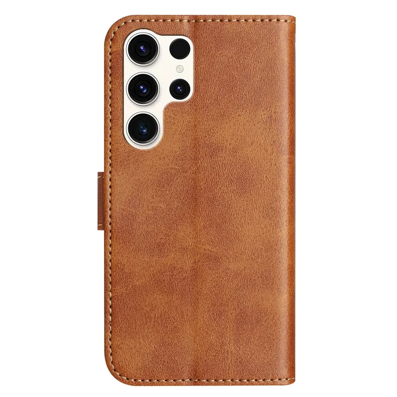 For Samsung Galaxy S25 Ultra Stand Case with Strap PU Leather Wallet Phone Cover S Shape Stitching Design - Brown