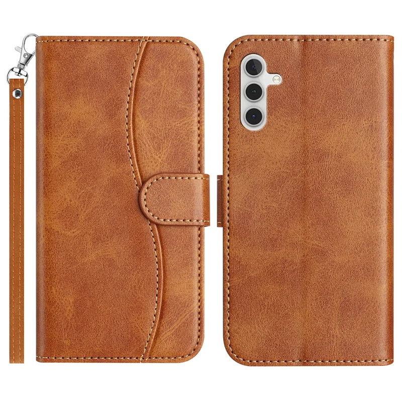 For Samsung Galaxy A56 5G Stand Case with Strap PU Leather Wallet Phone Cover S Shape Stitching Design - Brown
