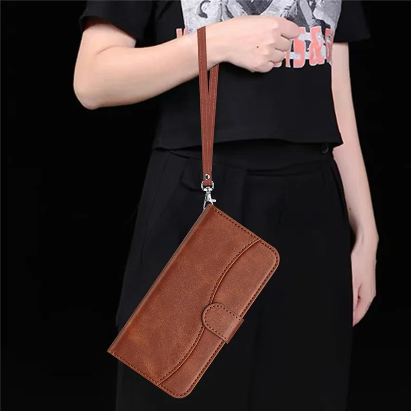 For Samsung Galaxy A17 5G / A17 4G / A26 5G Stand Case with Strap PU Leather Wallet Phone Cover S Shape Stitching Design - Coffee