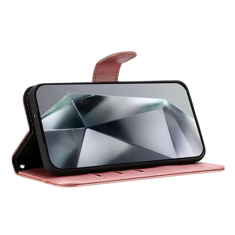 For Samsung Galaxy S24 FE Stand Case with Strap PU Leather Wallet Phone Cover S Shape Stitching Design - Rose Gold