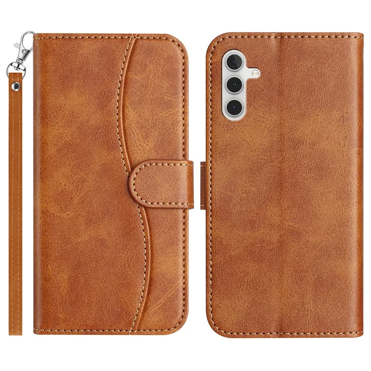 For Samsung Galaxy A55 5G Stand Case with Strap PU Leather Wallet Phone Cover S Shape Stitching Design - Brown