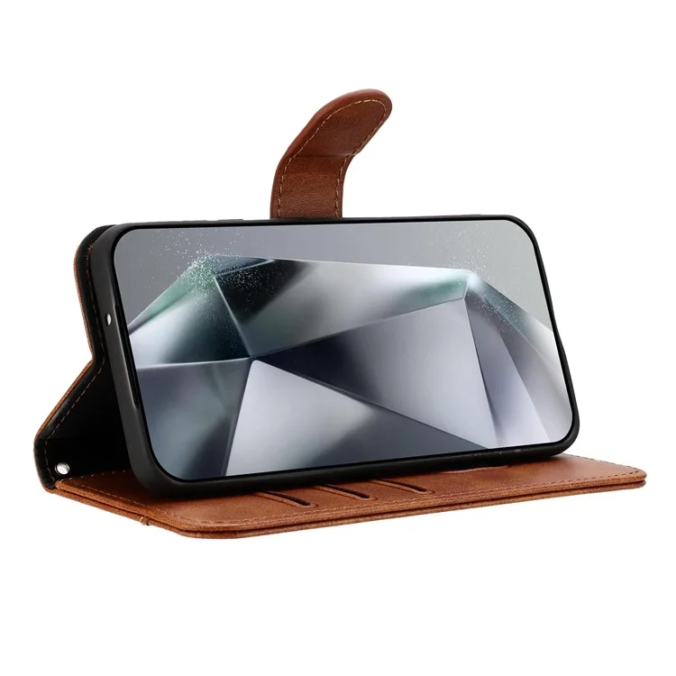 For Samsung Galaxy A55 5G Stand Case with Strap PU Leather Wallet Phone Cover S Shape Stitching Design - Brown