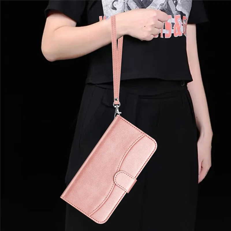 For Samsung Galaxy S24 Stand Case with Strap PU Leather Wallet Phone Cover S Shape Stitching Design - Rose Gold