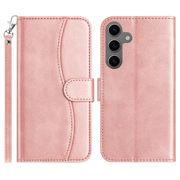 For Samsung Galaxy S24+ Stand Case with Strap PU Leather Wallet Phone Cover S Shape Stitching Design - Rose Gold