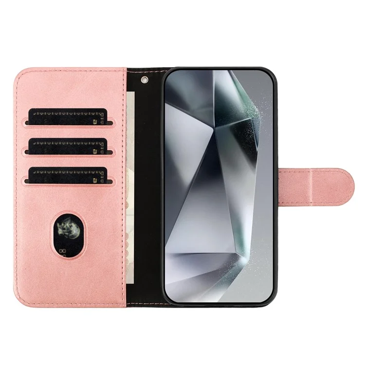 For Samsung Galaxy S24+ Stand Case with Strap PU Leather Wallet Phone Cover S Shape Stitching Design - Rose Gold
