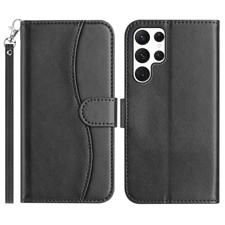 For Samsung Galaxy S24 Ultra Stand Case with Strap PU Leather Wallet Phone Cover S Shape Stitching Design - Black