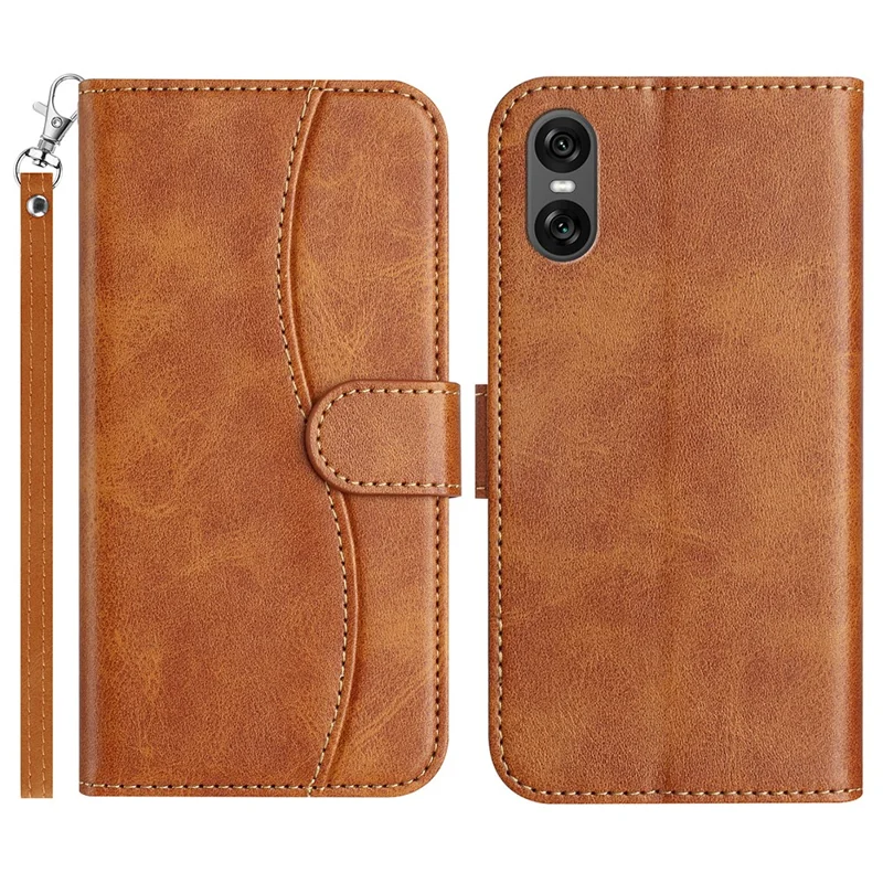 For Sony Xperia 10 VI Stand Case with Strap PU Leather Wallet Phone Cover S Shape Stitching Design - Brown