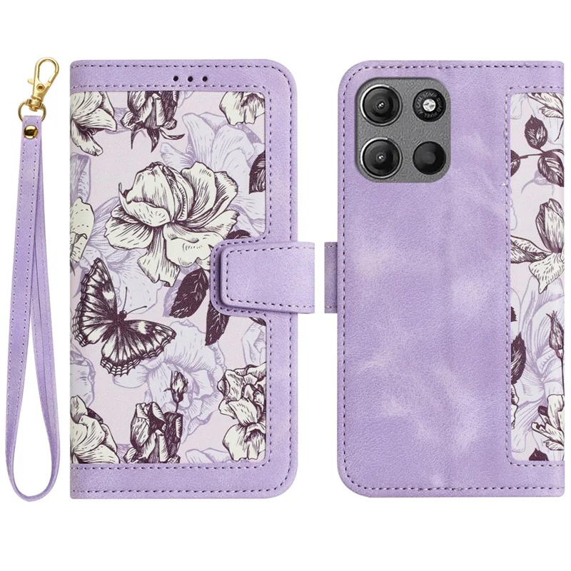 For Motorola Moto G15 4G Case PU Leather Floral Phone Cover with Card Slots - Light Purple