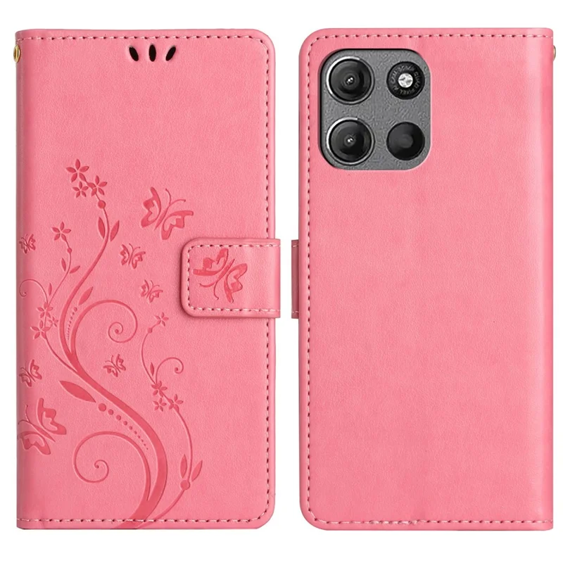 For Motorola Moto G 5G (2025) Leather Wallet Case Butterfly Flower Imprinted Phone Cover with Strap - Pink