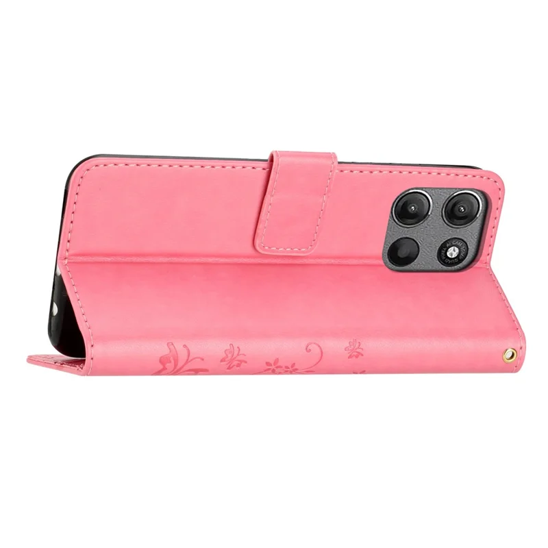 For Motorola Moto G 5G (2025) Leather Wallet Case Butterfly Flower Imprinted Phone Cover with Strap - Pink