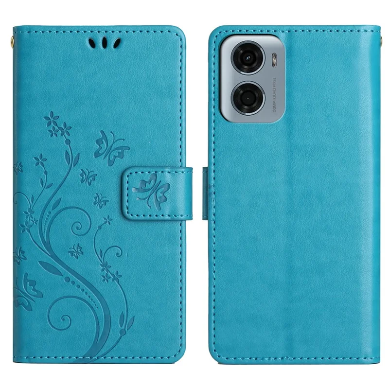 För Motorola Moto G05 4G Läderplånboksfodral Fjäril Blomma Inpräntat Telefonhölse med Rem - Blå
