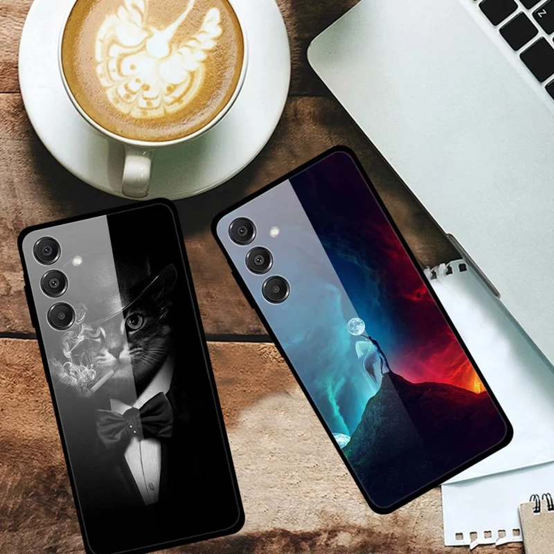 For Samsung Galaxy A16 5G / 4G Case Stylish Pattern PC+TPU+Tempered Glass Cell Phone Cover - Angel  /  Moon