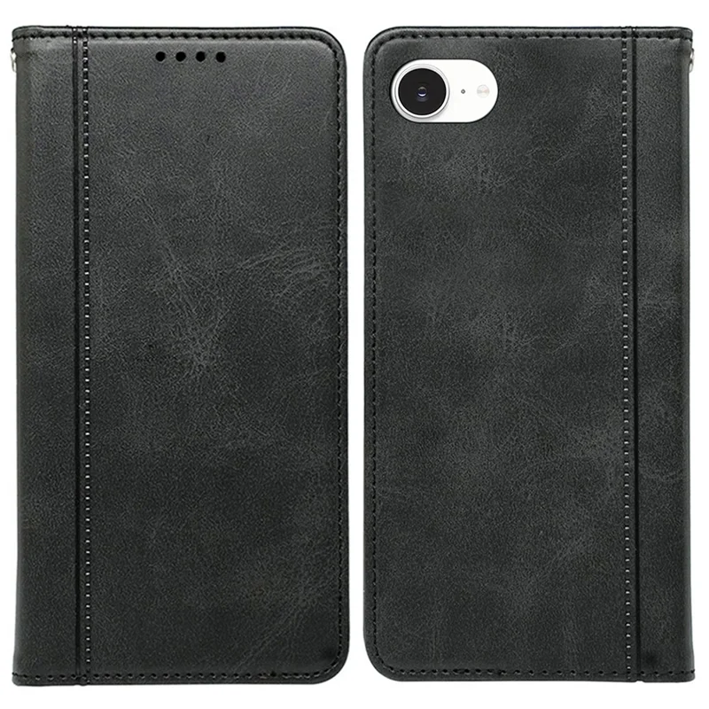 For iPhone 16e Hoesje met Verborgen Magnetische Sluiting en Kalfslederen Structuur - Zwart