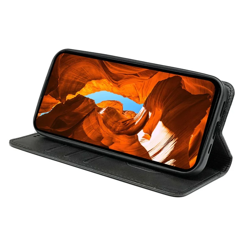 For iPhone 16e Hoesje met Verborgen Magnetische Sluiting en Kalfslederen Structuur - Zwart