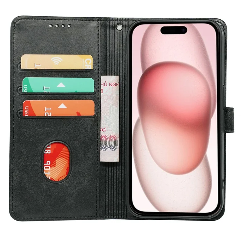For iPhone 16e Case Calf Texture Leather Stand Book Style Phone Cover - Black