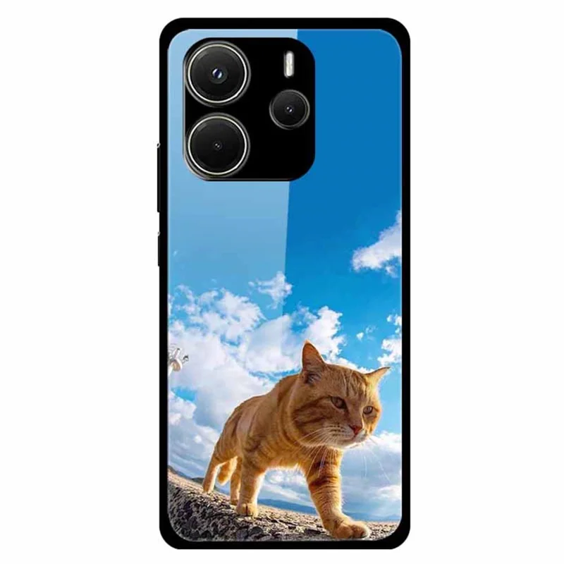 For Xiaomi Redmi Note 14 4G (163.25mm) Case Pattern Print Tempered Glass + TPU Phone Back Cover - Blue Sky Yellow Cat
