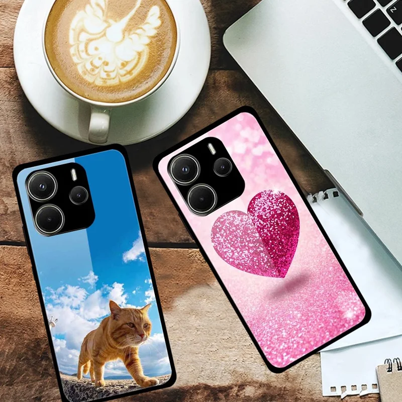 For Xiaomi Redmi Note 14 4G (163.25mm) Case Pattern Print Tempered Glass + TPU Phone Back Cover - Blue Sky Yellow Cat