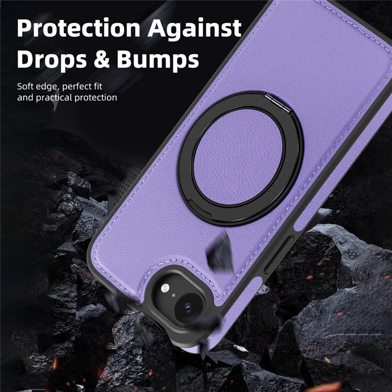 Hoesje voor iPhone 16e met ringstandaard, compatibel met MagSafe, PU-leer achterkant - Paars