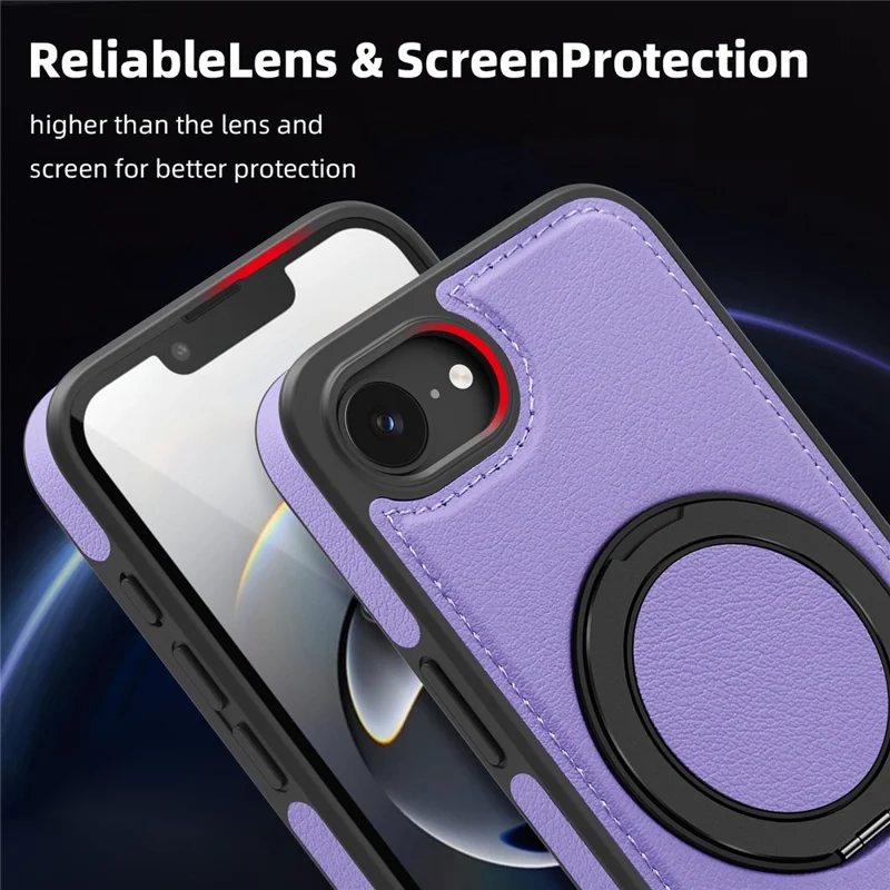 Hoesje voor iPhone 16e met ringstandaard, compatibel met MagSafe, PU-leer achterkant - Paars