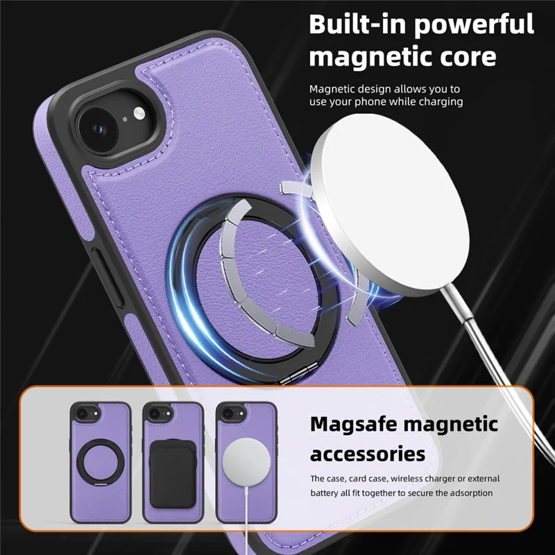 Hoesje voor iPhone 16e met ringstandaard, compatibel met MagSafe, PU-leer achterkant - Paars