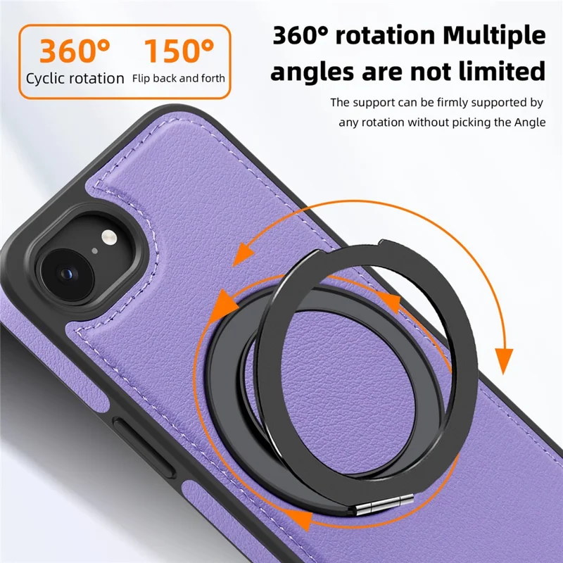 Hoesje voor iPhone 16e met ringstandaard, compatibel met MagSafe, PU-leer achterkant - Paars